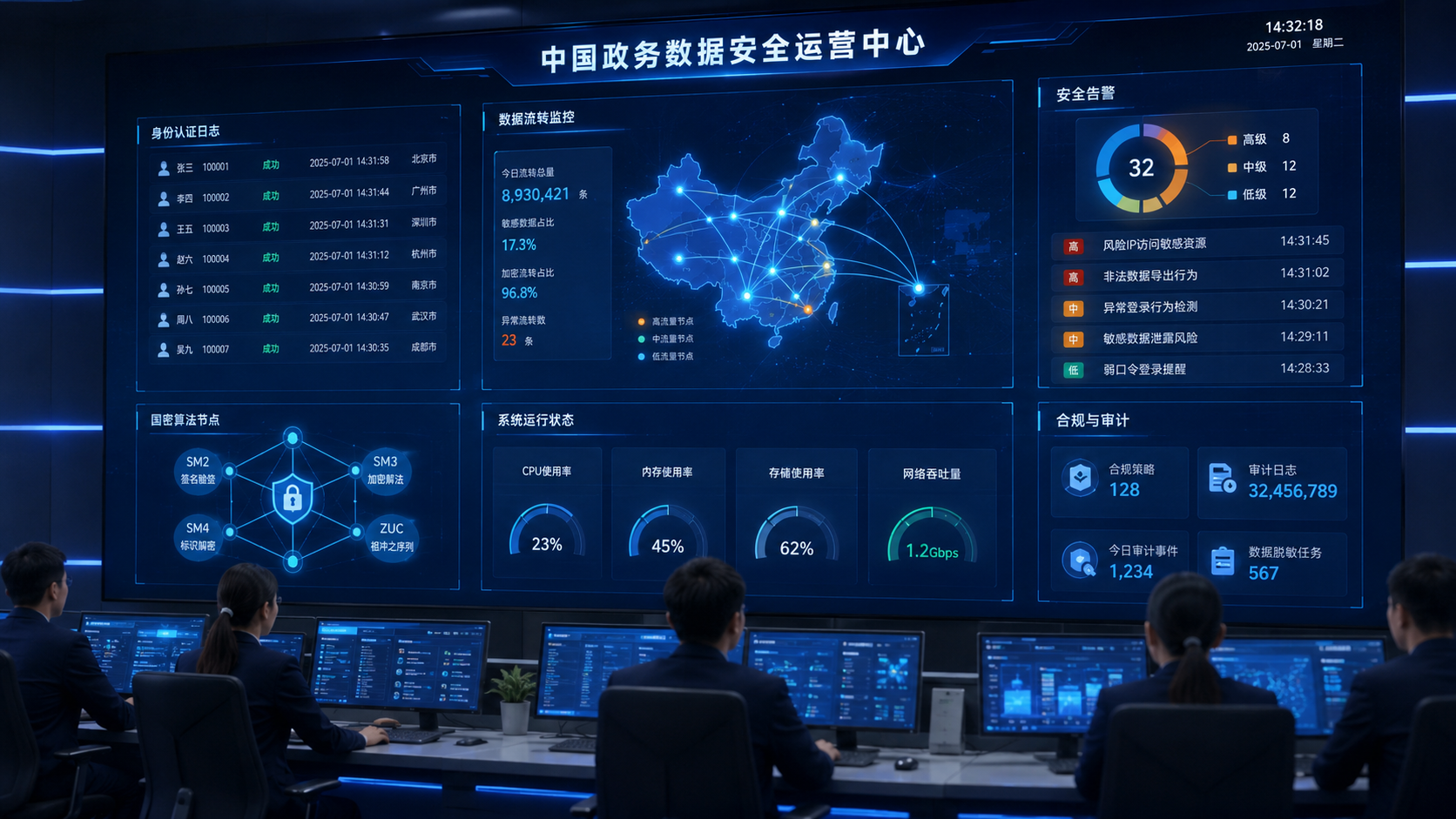 中国政务数据安全运营中心实时监控数据流转、身份认证和安全告警