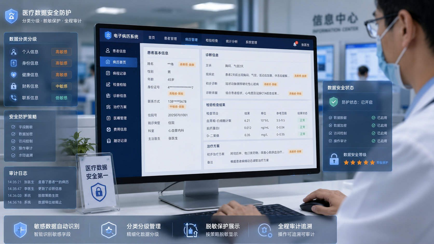 医疗数据安全防护场景展示电子病历系统、数据分类分级、脱敏保护和全程审计